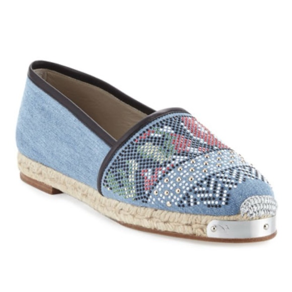 Giuseppe Zanotti Denim Southwestern Geometric Studded Espadrille Loafer Flats 38 - Picture 1 of 14